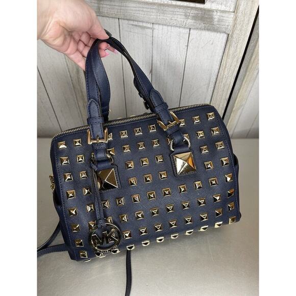 Michael Kors Navy Blue Leather Gold Studded Grayson Satchel Top Handle - Picture 6 of 12